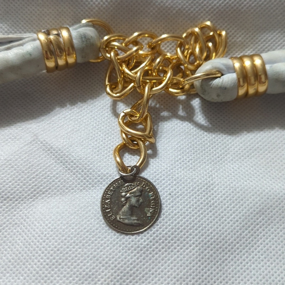 Gold Tone White Leather Faux Coin Dangle Statement Belt Waist Chain Belly Chain main image 5